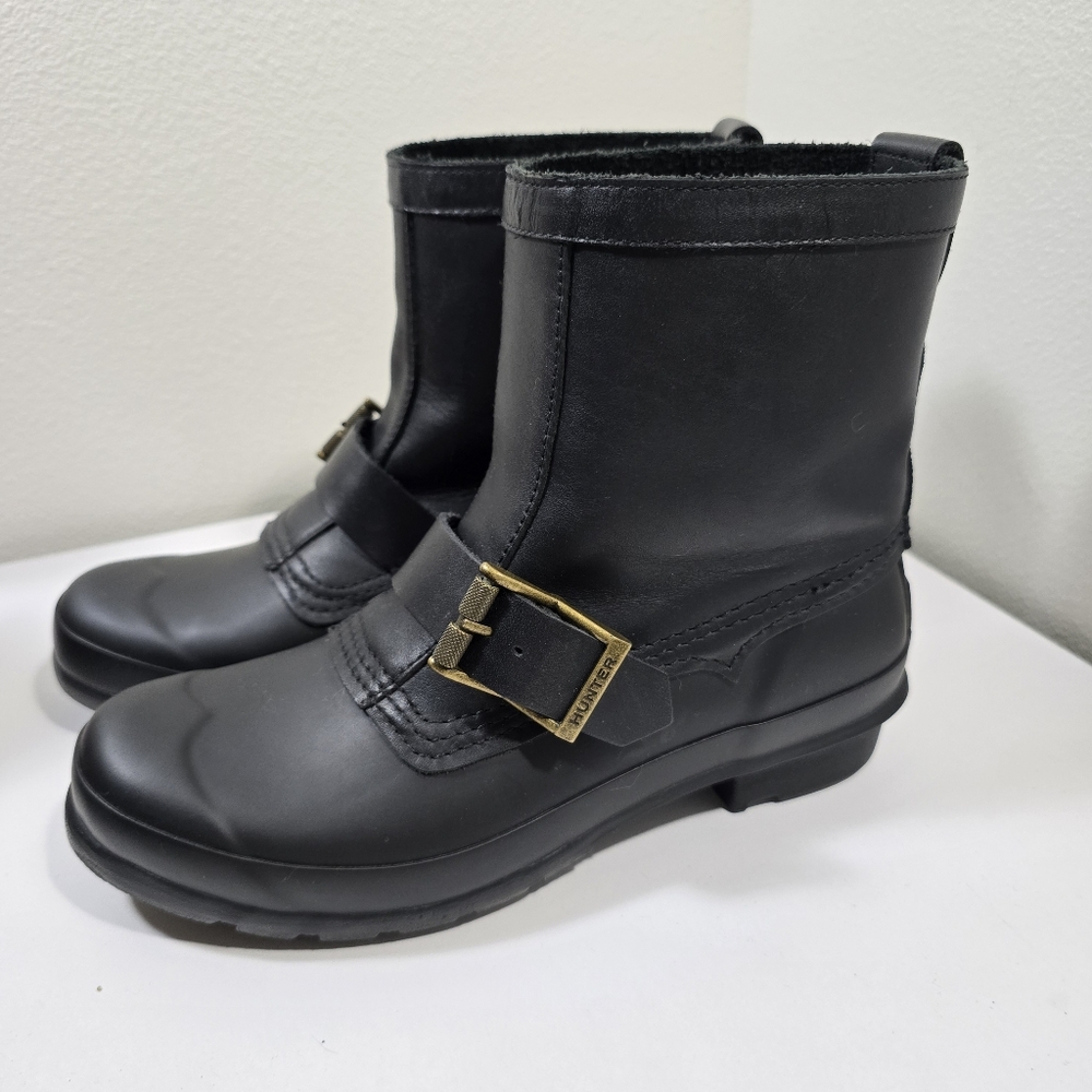 Original Biker short Boot leather upper rubber sole Pull-on moto buckle rain 8
